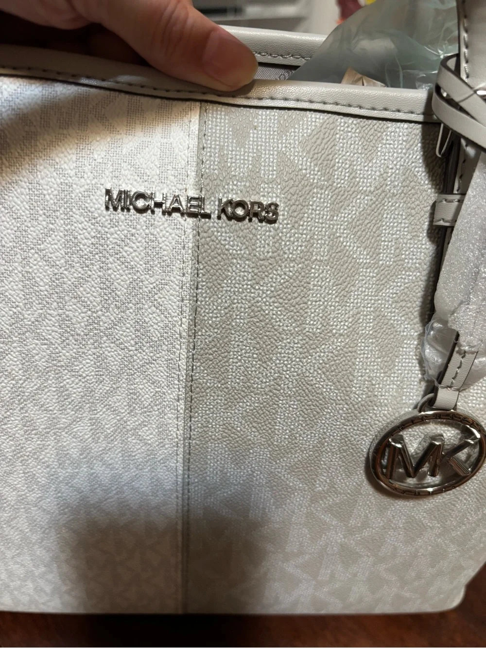 Michael Kors Light Gray Signature Tote with Logo Charm
